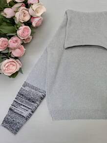 SHEIN LUNE Women High Neck Drop Shoulder Casual Contrast Striped Pattern Sweater Knit Pullover Fall Winter - Grey - View 3