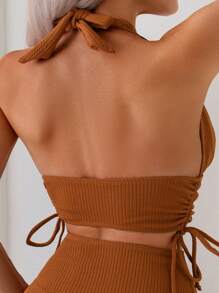 SHEIN Swim Conjunto de tankini con escote en V y halter con cordón para mujer, traje de baño separado color caqui para vacaciones en la playa en verano