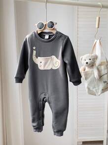 SHEIN Leap Crew Bộ đồ liền thân dài tay dệt kim mềm mại cổ tròn in hình voi dễ thương cho bé trai/bé gái màu xám dày, thích hợp mặc ở nhà, đi chơi, đa năng và thời trang cho mùa thu/đông - Xám - Xem 5