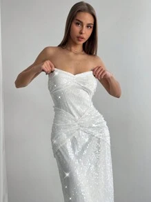 Aloruh 女士亮片装饰交叉胸围性感派对圣诞长裙 - 白色 - 查看 5