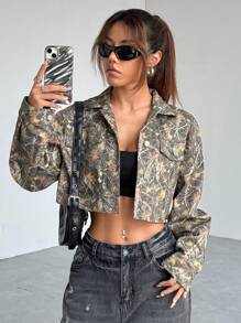 SHEIN EZwear Women's Fashion Plant Print Cropped Jacket For Autumn - Army Green - View 3