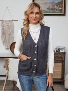 EMERY ROSE Damen einfarbige V-Ausschnitt Einreiher Cut Out Doppeltasche Lässig Strickweste