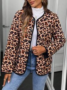 SHEIN LUNE Warm Long Sleeve Crew Neck Snap Front Contrast Color Striped & Leopard Print Pocket Padded Padded Coat Clothes Winter Fall Cloth For Women - Khaki - View 4