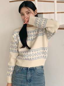 DAZY 女士圆领别致圣诞宽松针织毛衣，节日，秋季服装 - 米色 - 查看 8