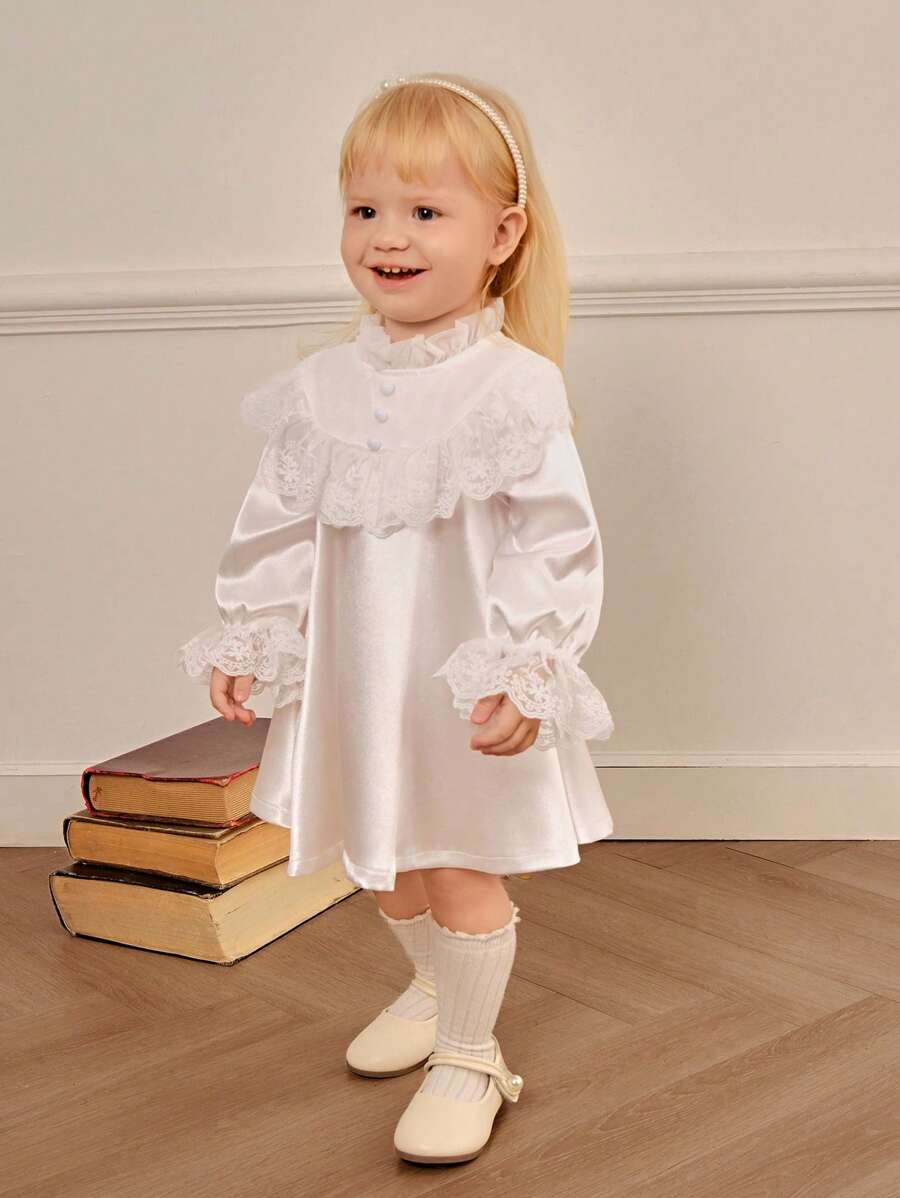 SHEIN Vestido de satén y encaje con mangas largas, estilo princesa elegante para niñas bebé, bautizo y ocasiones formales - Blanco - Ver 1