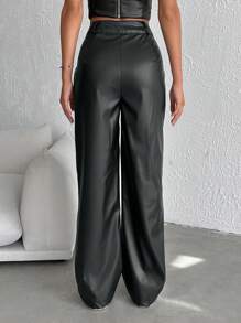 EURMUSE High Waist PU Leather Straight Leg Pants - Army Green - View 2