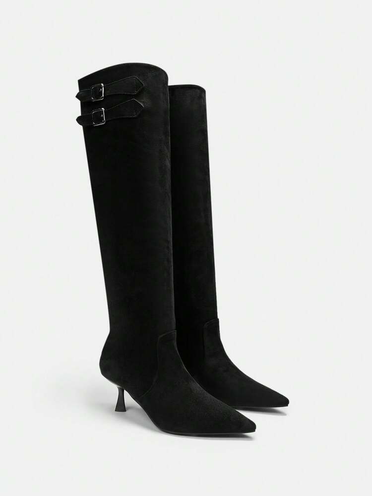 CUCCOO BIZCHIC Women's Fashion Versatile Minimalist Black Pointed Toe Thigh High Boots For Christmas And New Year Holiday