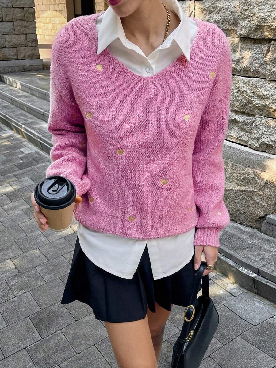 SHEIN Unity Women Elegant Pink Heart Embroidery V-Neck Knit Sweater, Autumn/Winter Knit Pullover Fall - Pink - View 1