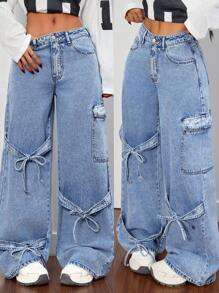 SHEIN PETITE Jeans rectos de pierna suelta y casual con lazo, jeans holgados con lazo, ropa de clima frío, pantalones de invierno para mujer, pantalones navideños, jeans de mujer, jeans holgados de talle bajo con lazo, jeans de mezclilla con lazo, jeans de carga para mujer, pantalones de mujer, pantalones de carga - Lavado ligero - Ver 8