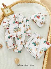 3pcs/Set Newborn Baby Boy Christmas Pattern Lapel Long Sleeve Jumpsuit, Hat Blanket - Multicolor - View 12