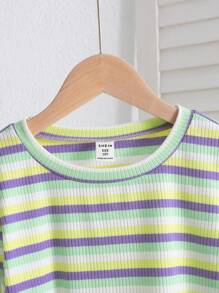 SHEIN Tween Girls Casual Knit Colorful Striped Crew Neck Long Sleeve Top