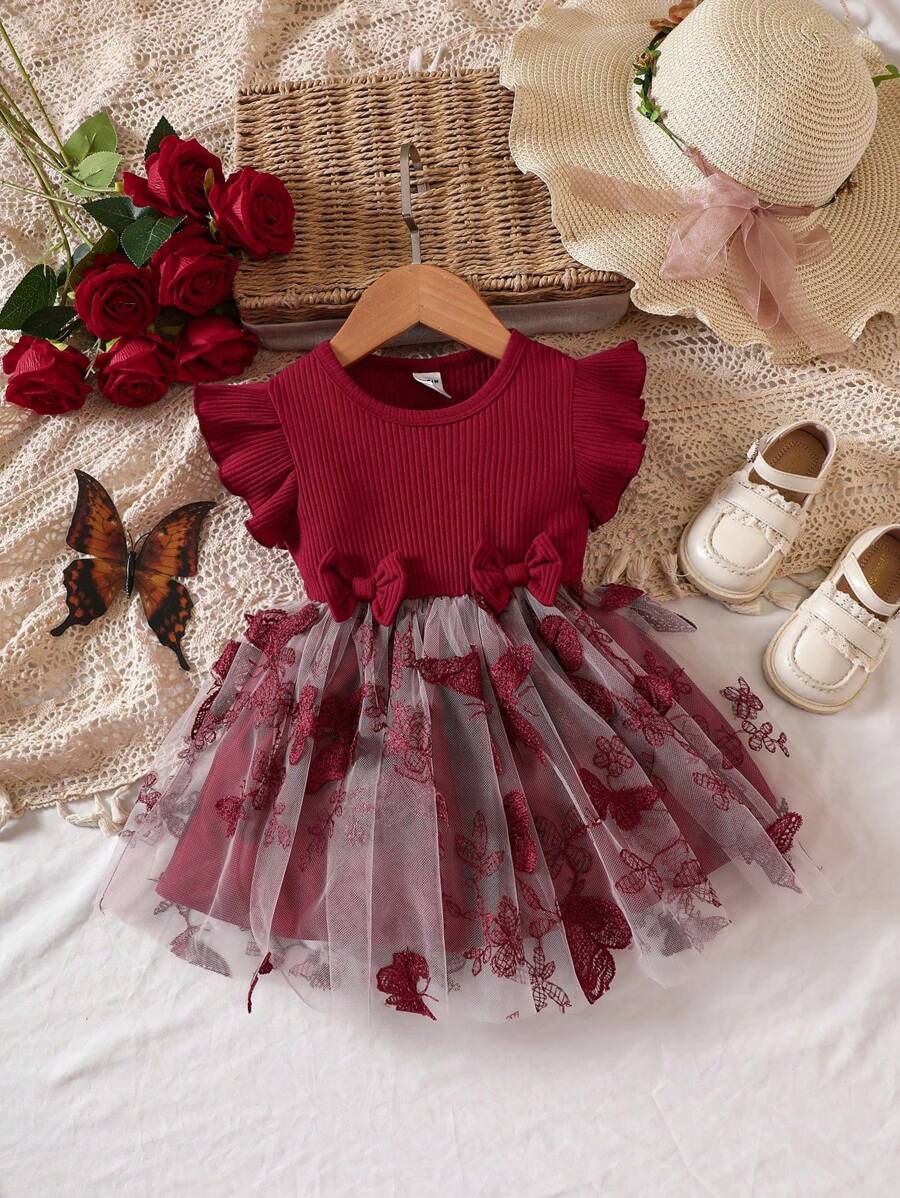 SHEIN Vestido De Malla De Bordado De Mariposa Para Niña Con Volantes Y Lazo En La Parte Frontal - Burdeos - Ver 1
