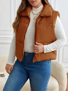 SHEIN Frenchy Plus Size Autumn/Winter Casual Warm Zip-Up Sleeveless Padded Vest