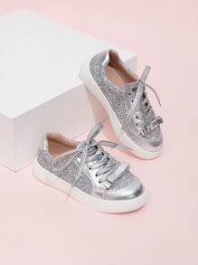 1 Pair Fashionable Glitter Lace-Up Flats Sport Shoes For Girls