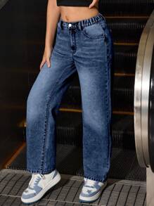 Sparklyn 少女 Y2K 大胆时尚，校园精神全年必备时尚单品，休闲日常百搭舒适宽松直筒水洗牛仔裤 - 深色水洗藍 - 查看 4