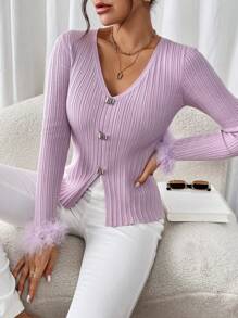 Modelyn Dames effen kleur patchwork fuzzy trim mouw mode trui, herfst/winter