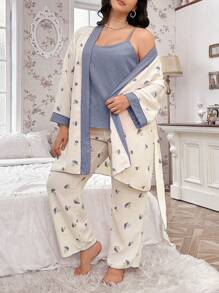 CottageSlumber Plus Size Women Wrinkled Floral Print Cami Top And Belted Robe And Pants Lounge Pajama Set, Cozy And Elegant Details, Fall Winter Clothes - Blue - View 6