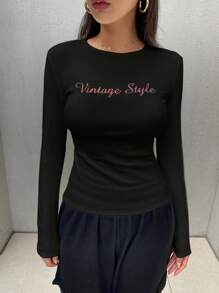 FRIFUL 女士圆领长袖字母印花休闲T恤，秋季学院风上衣，带保暖内衬