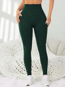 Easithlete Seamless Zipper Adjustable Sports Yoga Leggings - Dark Green - View 3