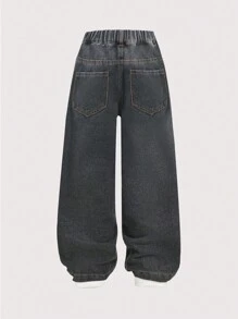 年轻男孩宽松直筒松紧腰休闲阔腿牛仔裤 - 黑色 - 查看 2