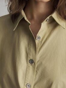 Ontre Women's Cotton Khaki Button-Up Loose Wrap Casual Shirt, Simple Design, Long Sleeve, Autumn