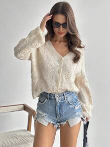 SHEIN Privé 女士优雅休闲花卉提花纽扣宽松开衫，适合居家、通勤、秋冬季 - 杏色 - 查看 2