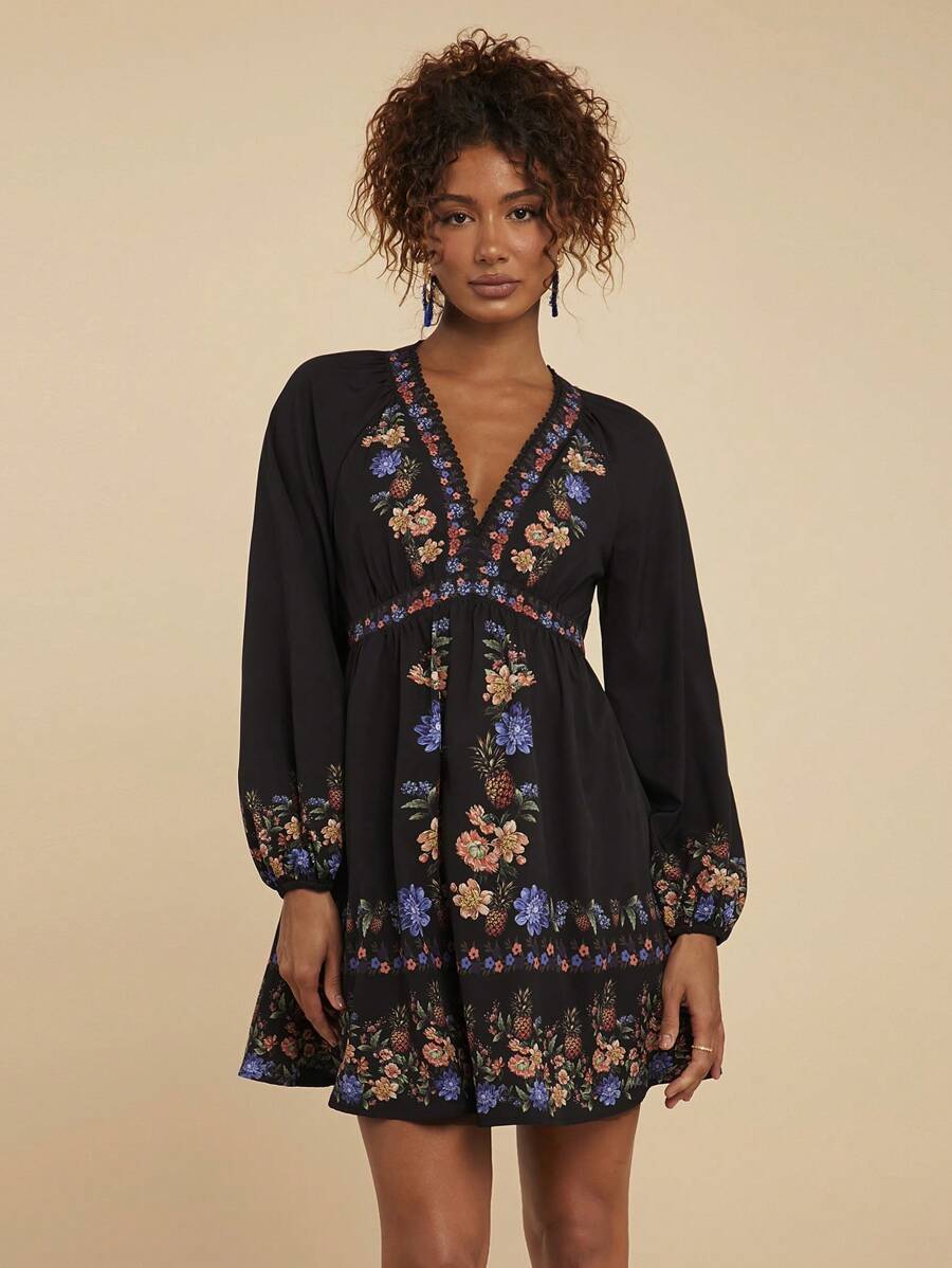 Travachic 1pc Woven Vacation Print Long Sleeve Dress - Multicolor - View 1