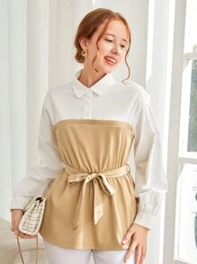 SHEIN Teen Girl Autumn And Winter/Elegant Commuting/White Khaki Contrast Stitching Woven Long-Sleeved Waist Shirt - Camel - View 4