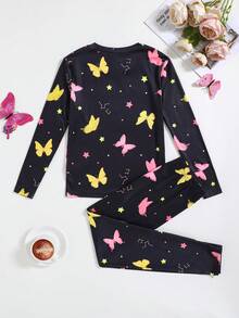 SHEIN Bộ 2 món/Bộ đồ ngủ in hình bướm dễ thương vừa vặn cổ tròn dài tay và quần dài cho bé gái tuổi teen - Nhiều màu - Xem 2