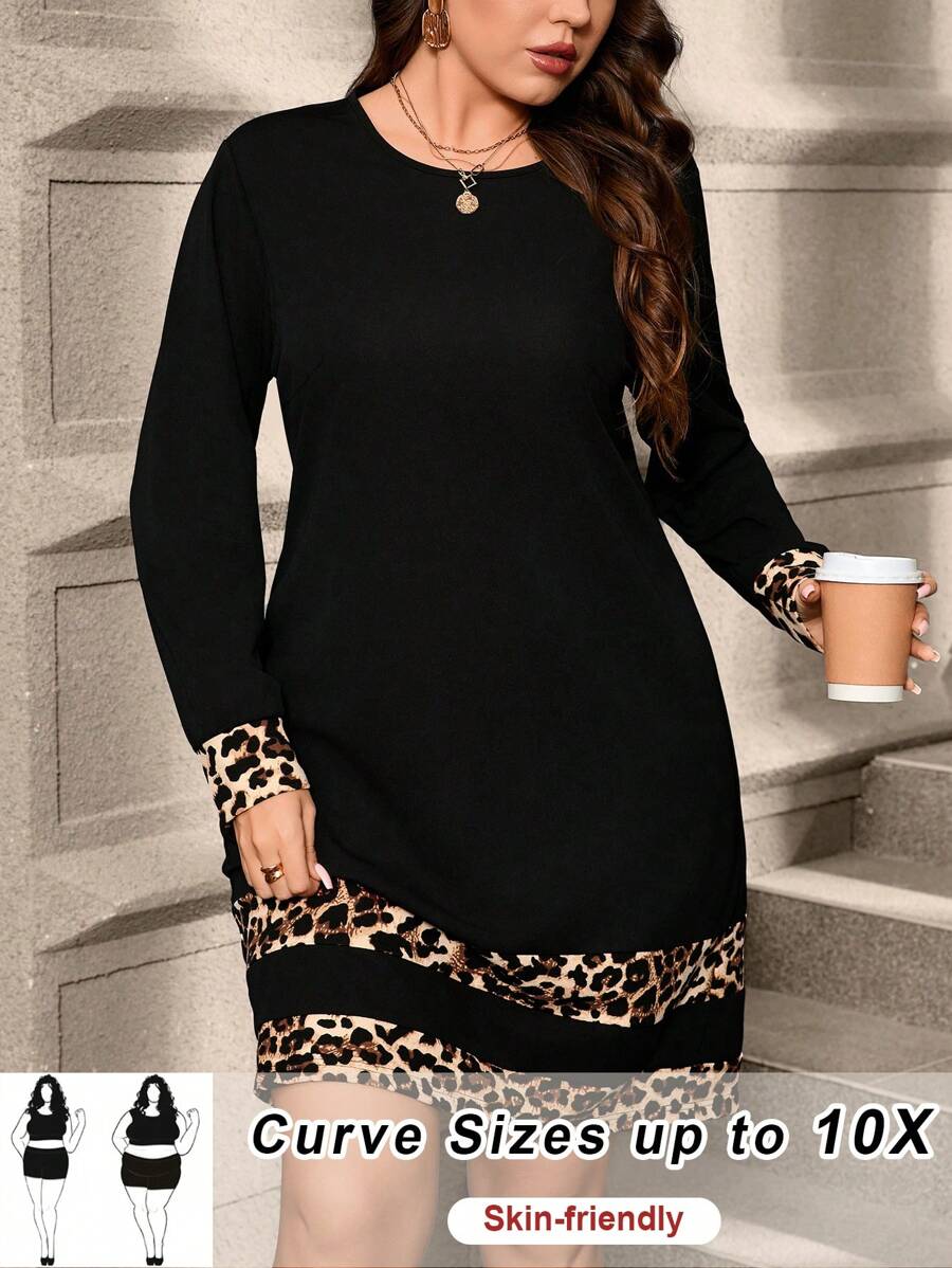 SHEIN CURVE+ Đầm cổ tròn tay dài họa tiết da báo thường ngày cỡ lớn dành cho nữ, mùa thu - màu đen - Xem 1