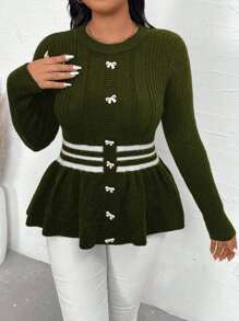 Calvaya Sweater Rajut Kasual Lengan Panjang Leher Bulat Ukuran Besar dengan Hiasan Pita, Cocok untuk Musim Gugur dan Musim Dingin. - Hijau Tentara - View 3