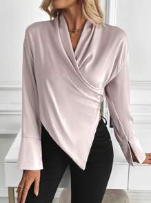 Chiquease Blouse en satin pour femmes, élégante pour les déplacements, couleur champagne violacé, col à volants, fini satin doux et de qualité supérieure, pull, manches longues - Mauve - Voir 4
