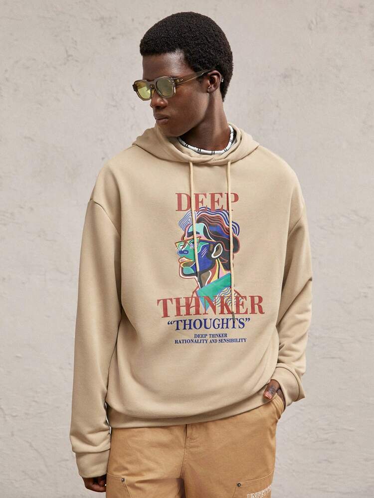 Men's Knitted Loose Drop Shoulder Crew Neck Long Sleeve Casual Hooded Sweatshirt, Suitable For Autumn/Winter