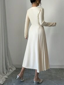 Elenzga 休闲优雅纹理心形领侧褶长袖女式连衣裙，适合派对和聚会长款女装 - 杏色 - 查看 2