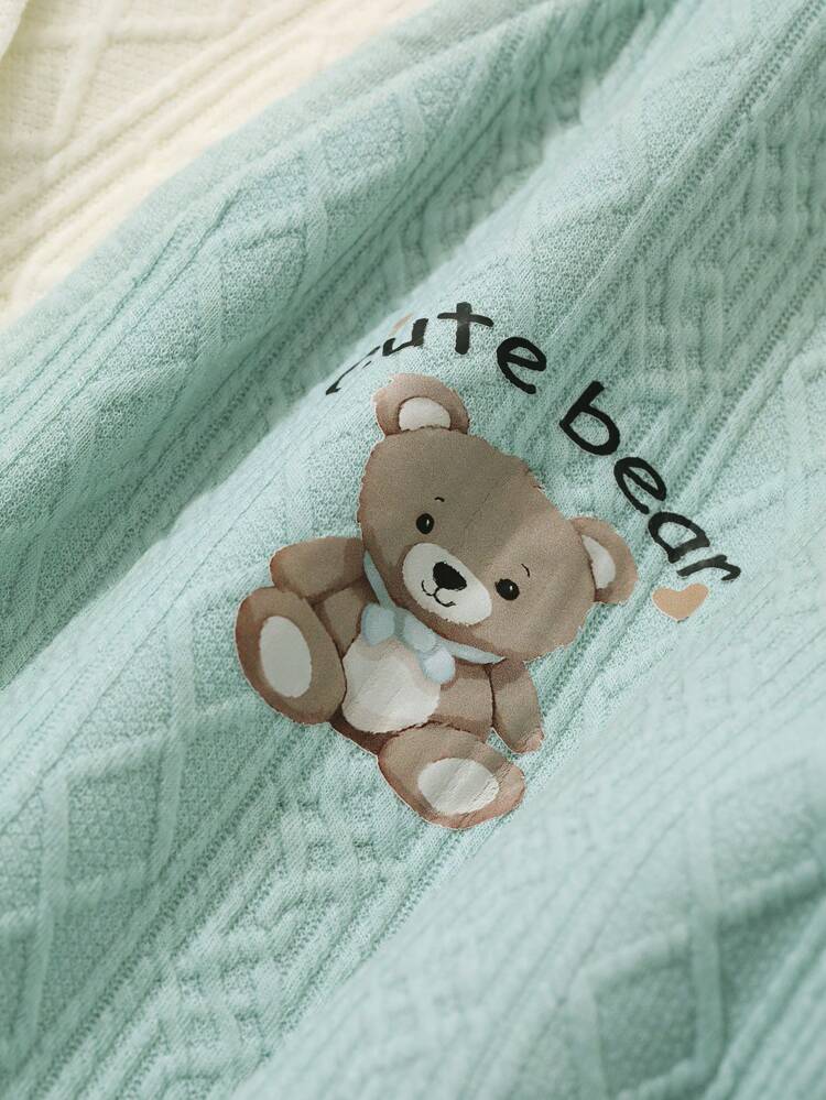 Cute Bear Graphic Print Textured Jacquard Knit Fabric Contrast Design Pajama Set