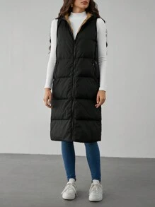 SHEIN Tall Zip Up Slant Pocket Drawstring Hooded Vest Padded Coat - Black - View 7