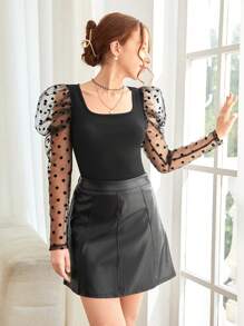 SHEIN Bộ đồ 2 món cho bé gái tuổi teen, áo len tay bồng phối lưới đen tương phản và chân váy thẳng bằng da PU, trang phục đi làm thanh lịch, bộ đồ trở lại trường - màu đen - Xem 5