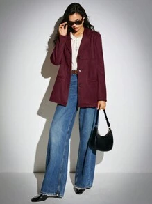 Poéselle Women's Suede Pockets Solid Color Turndown Collar Long Sleeve Casual Loose Coat