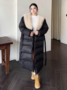 Flirla 大码女式拼布毛绒领长袖长款休闲加厚棉衣，冬季保暖服装 - 黑色 - 查看 7