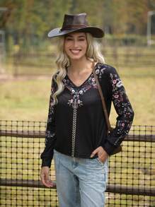 LanaWest Camiseta holgada de manga larga con cuello en V y estampado floral para mujer, camisetas gráficas de otoño para mujer para primavera - Negro - Ver 4