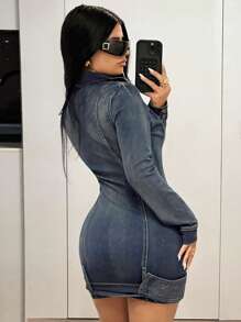 SHEIN ICON Damska, modna, swobodna, zapinana na zamek mini sukienka jeansowa, jesień