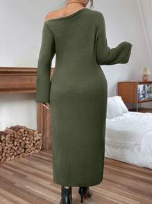Calvaya Plus Size Casual Elegant Portrait Graphic Flare Sleeve Asymmetrical Shoulder Sweater Dress, Autumn/Winter - Olive Green - View 2