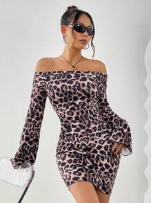 INAWLY Damen Leoparden-Muster Carmenausschnitt Puffärmel figurbetontes kurzes Kleid