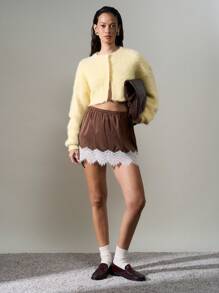 AiiRZ Fuzzy Knit Cropped Cardigan Fluffy Sweater Winter Fall Soft Cozy Warm Long Sleeve Casual Short Crop Top Outerwear - Yellow - View 5