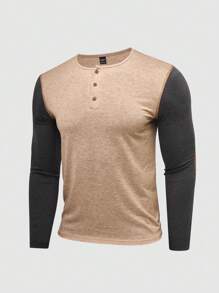 Manfinity Homme Men Scolor Block Button Front Long Sleeve Casual Minimalist T-Shirt, For Going Out - Apricot - View 1