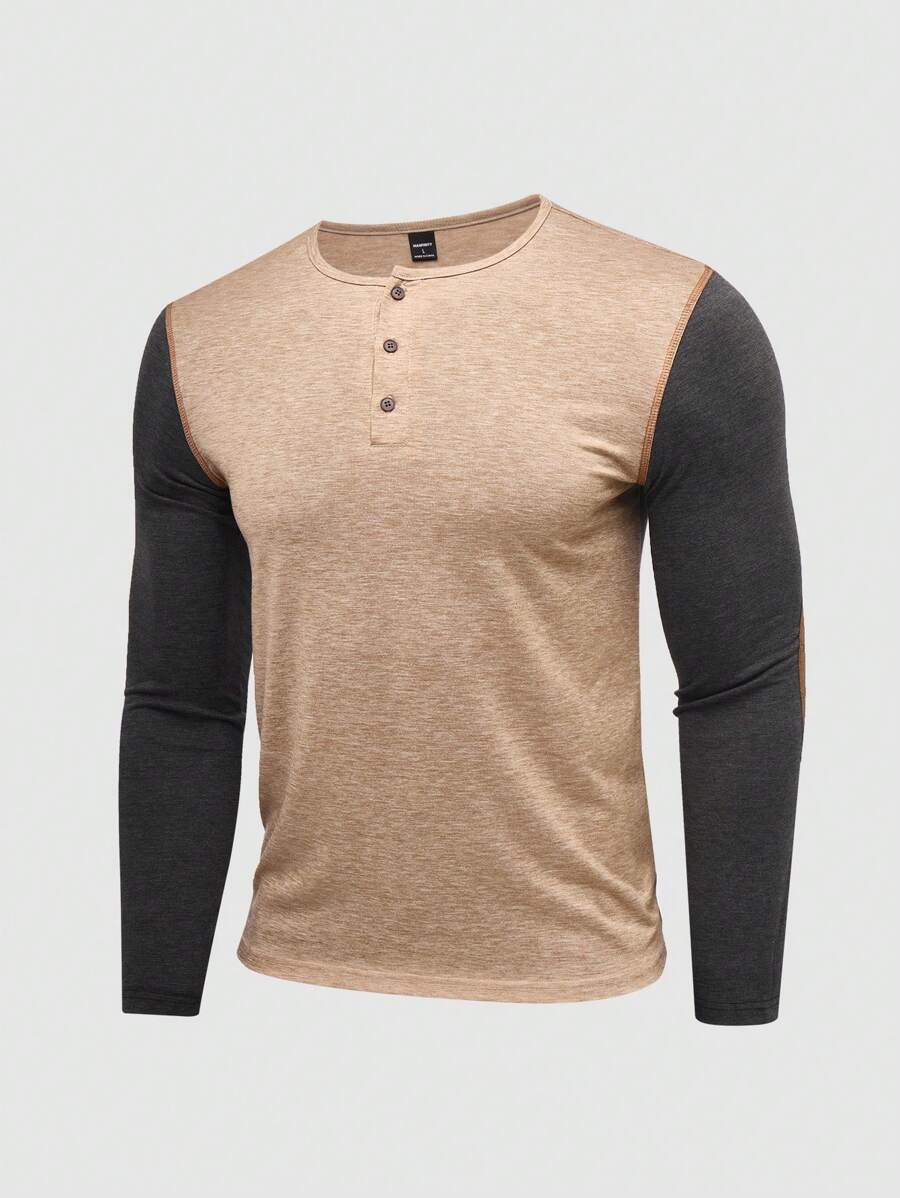 Manfinity Homme Men Scolor Block Button Front Long Sleeve Casual Minimalist T-Shirt, For Going Out - Apricot - View 1