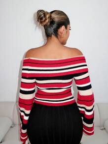 Zolique Women's Contrast Color Stripe Knitted Sweater With Flared Sleeves And Off Shoulder Neckline, Suitable For Autumn/Winter Fall - Multicolor - View 2