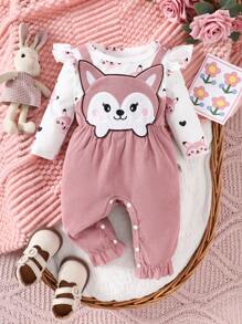SHEIN Baby Girl Cute Cartoon Animal Print Patchwork Ruffle Hem Long Sleeve Jumpsuit, Autumn