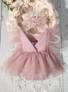 SHEIN Newborn Photography 2pcs Set - Solid Color Mesh Ruffle Romper And Headband Christening Dusty Mauve Summer Cute - Purple - View 2