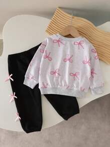 SHEIN 2 件套女婴长袖粉色蝴蝶连帽衫和白色运动裤套装，秋季 - 灰色 - 查看 2